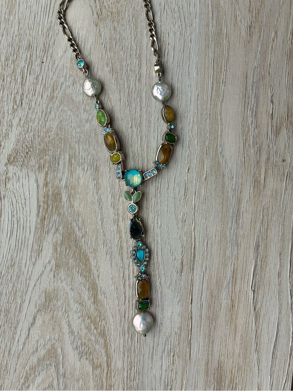 Turquoise & Green Drop Necklace with Pearl Accent